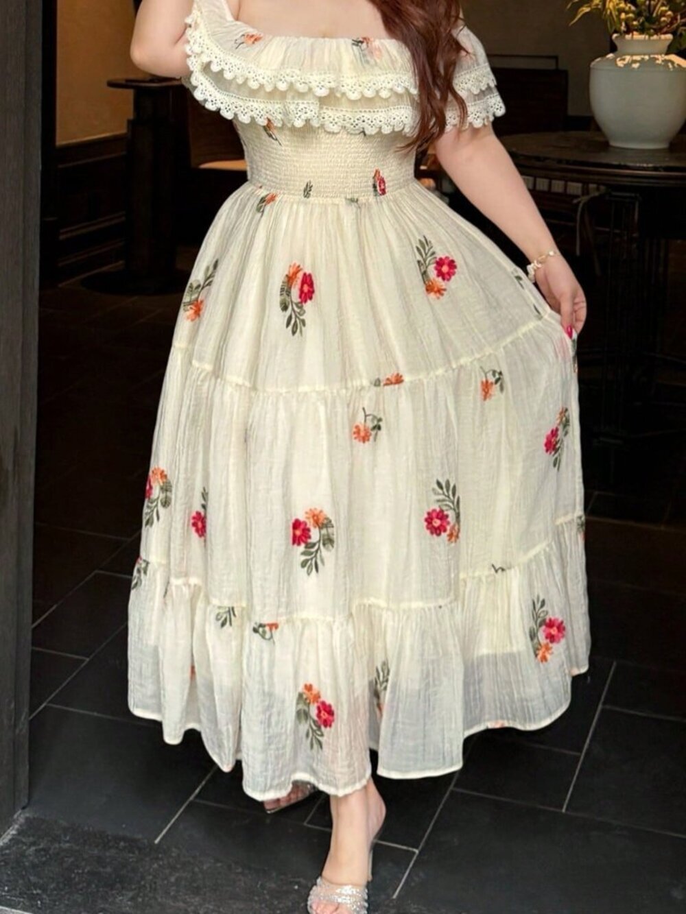 White Boho Women's Plus Size Short Sleeve Cinched Waist Floral Dress